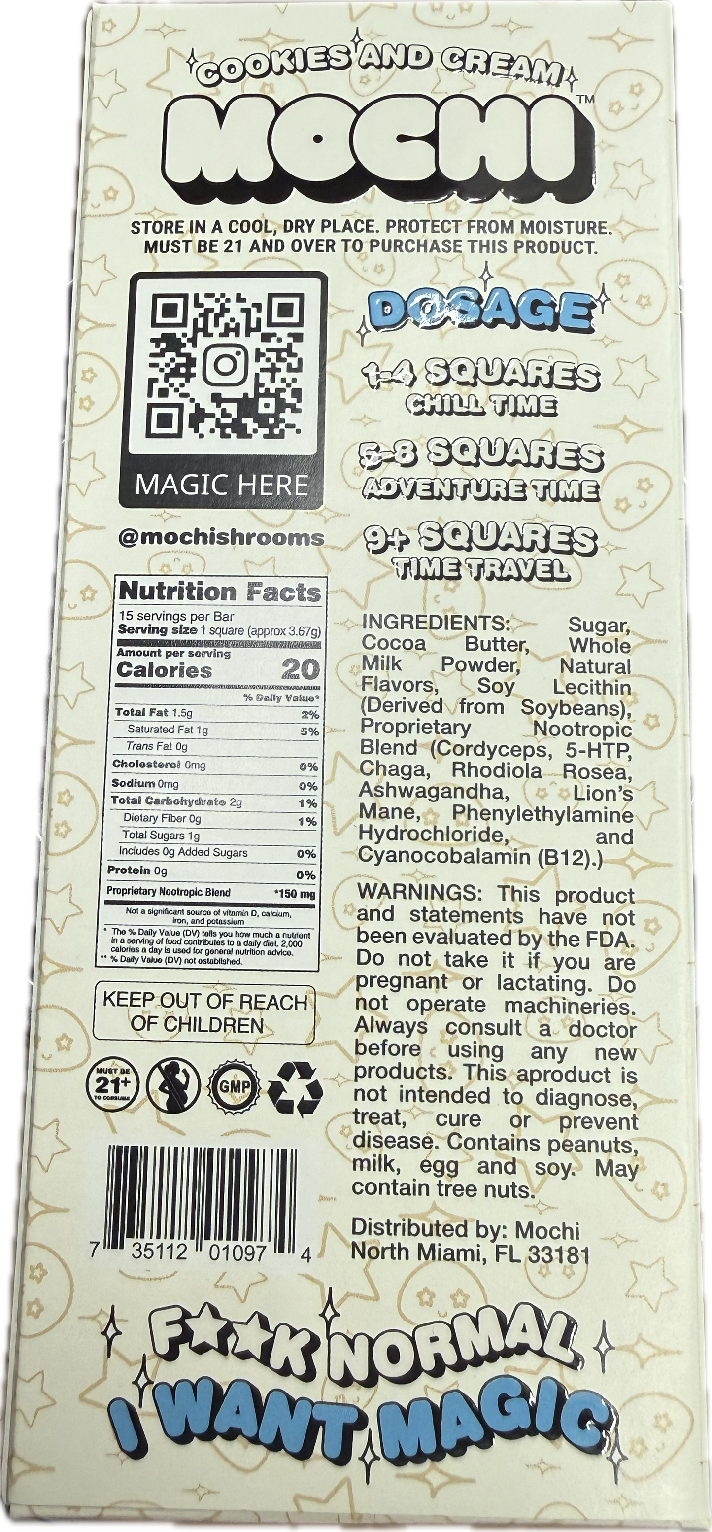Mochi Cookies & Cream Mushroom Chocolate — 55g Lab-Tested Bar
