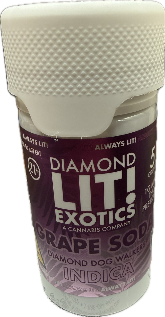 Diamond Lit! – Exotics Dog Walkers – 5CT Jar – 1G D-8 Pre-Rolls (Sat. / Hybr. / Indi.)